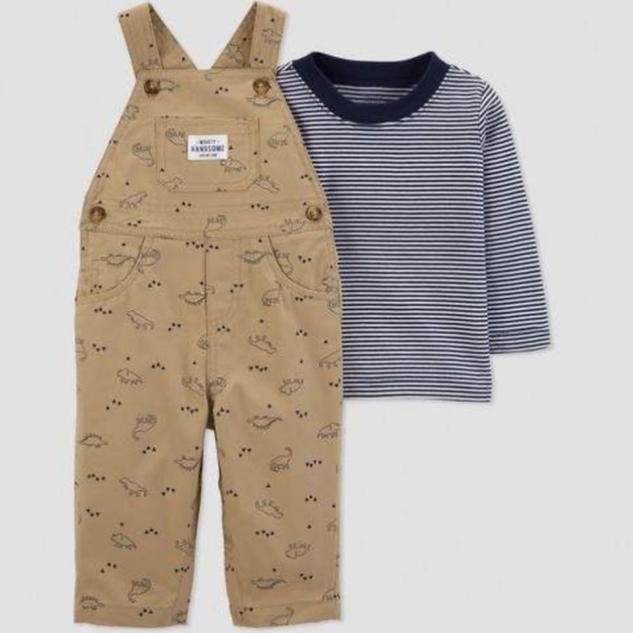 Just One You by Carter’s Boy’s Tan Blue Overalls & Long Sleeve Striped 2Pc Set - Picture 1 of 1